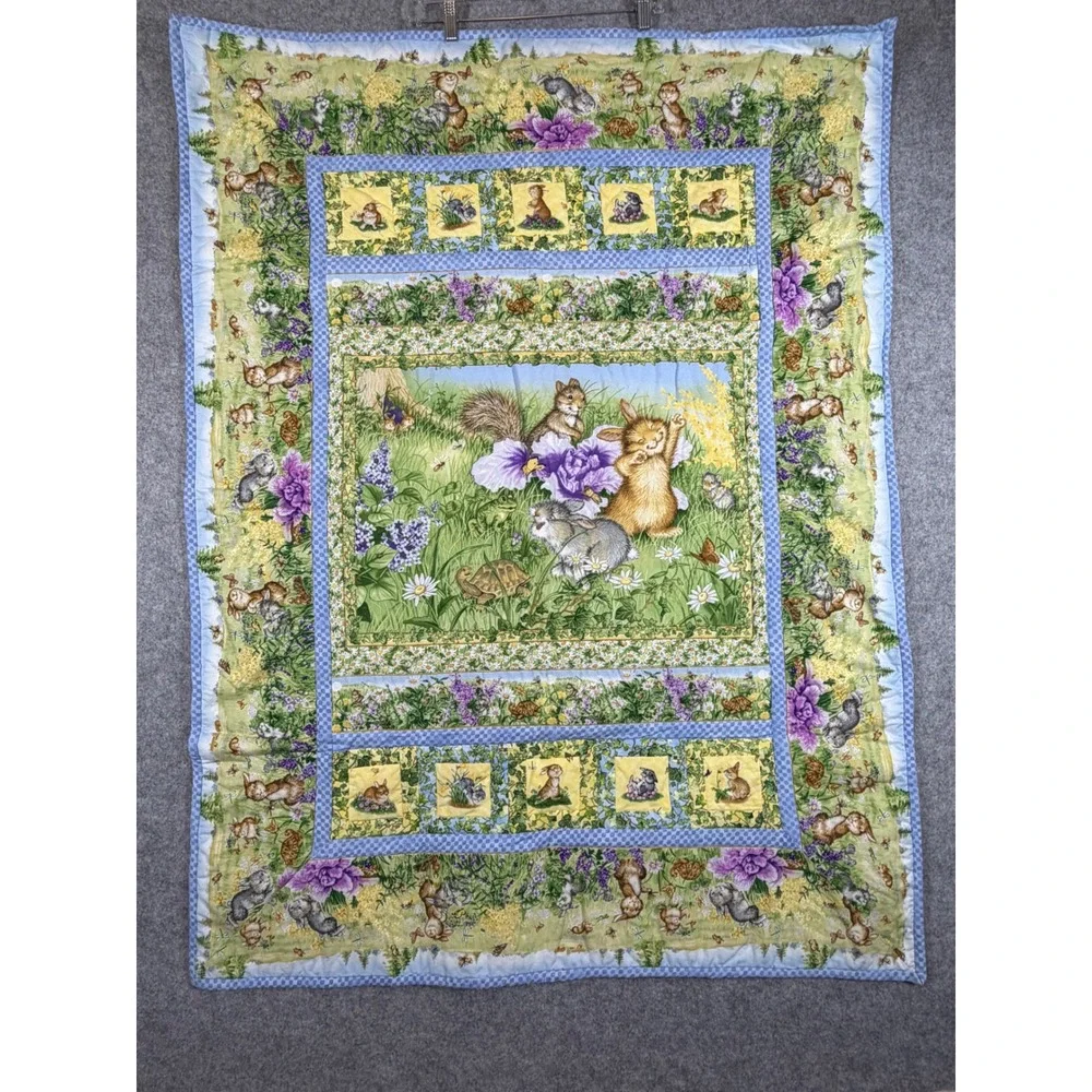 Handmade Quilt Baby Blanket Kids OS Blue Green Excellent Woodland Bunny Floral